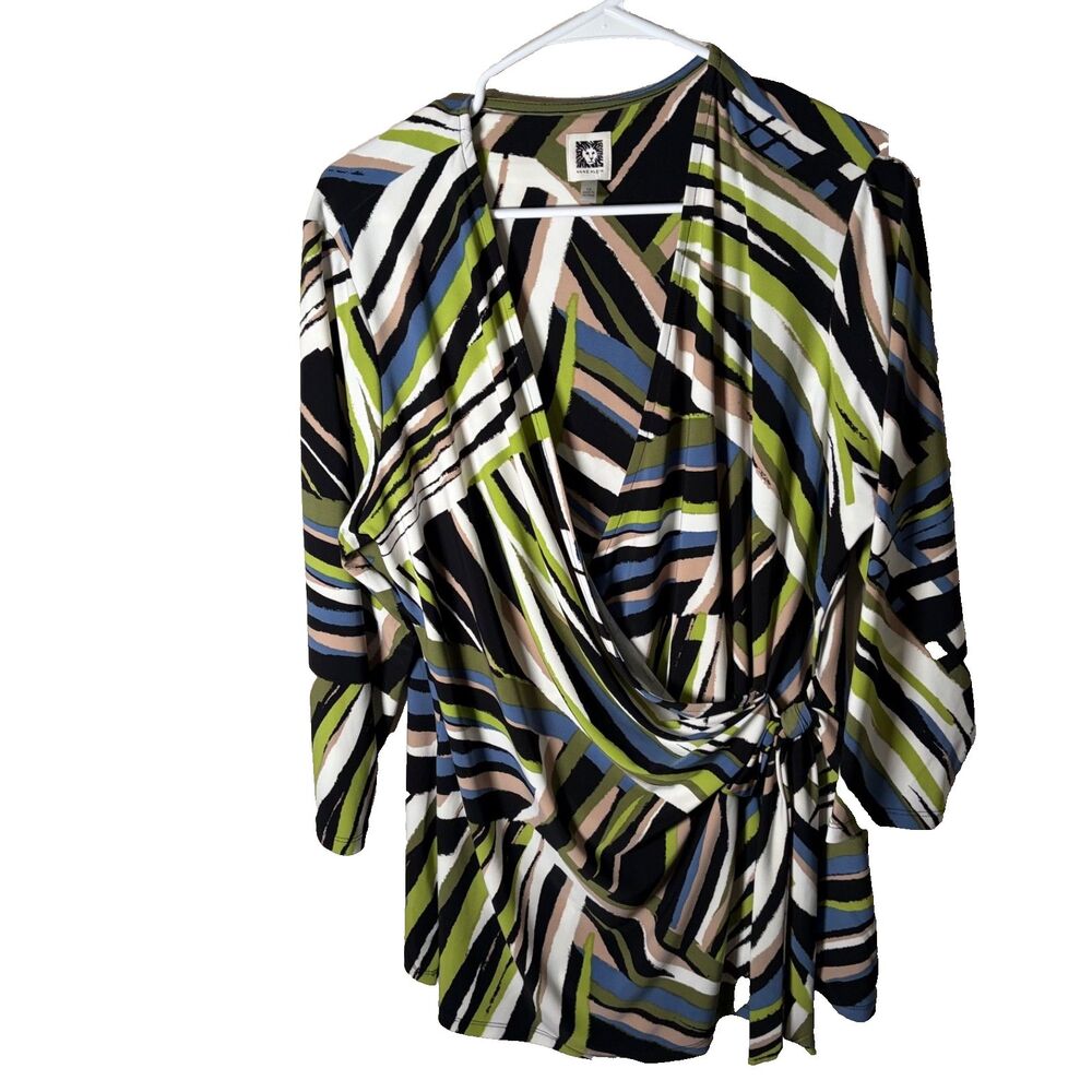 Anne Klein Blouse Women's 1X V-Neck Ruched 3/4 Sleeve Colorful Career Top